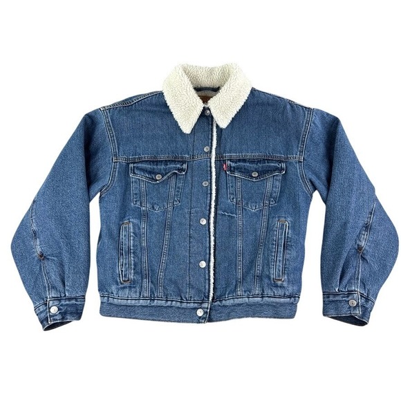 Levi's Jackets & Blazers - Levis Jacket Mens Small Premium Denim  Blue Jean Sherpa Trucker Snap Button